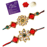 Sukkhi Rakhi Floral Kundan Designer Meenakari Red Green Gold Plated Premium Rakhi For Brother With Roli Chawal & Greeting Card|Rakhi For Brother/Bhaiya/Bhai/Men|Rakhi Combo-Set Of 2|Cbrak106951