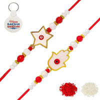 Riddhika Ventures Red Evil Eye Rakhi Protect From Negative Energy (Set Of 2) With Roli Chawal, Greeting Card And And One Motivational Keychain (V1W1K)