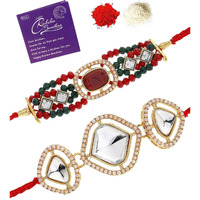 Sukkhi Rakhi Excellent Kundan & Pearls Designer Gold Plated Premium Rakhi For Brother With Roli Chawal & Greeting Card|Rakhi For Brother/Bhaiya/Bhai/Men|Kundan Rakhi|Rakhi Combo-Set Of 2|Cbrak106963