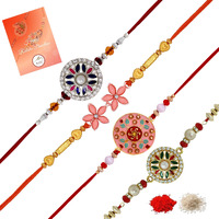 Mahi Combo Of 4 Meenaakari Work Floral Rakhis With Multicolor Crystals For Brother, Bhai, Bro (Rco1105727M)