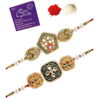 Sukkhi Rakhi Ravishing Kundan & Pearls Designer Meenakari Gold Plated Premium Rakhi For Brother With Roli Chawal & Greeting Card|Rakhi For Brother/Bhaiya/Bhai/Men|Rakhi Combo-Set Of 2|Cbrak106960