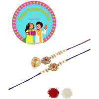 Accessher Mens Gold Plated Bhaiyya Bhabhi Pink Enamel Kundan Lumba Rakhi For Beloved Brother Set Of 2 With Roli/Kumkum Packets, Rice And Happy Raksha Bandhan Card