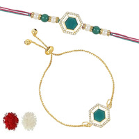 I Jewels Mens Kundan & Pearl Bhaiya Bhabhi Lumba Rakhi Combo Set With Roli Chawal And Rakshabandhan Card (R113G-Co)