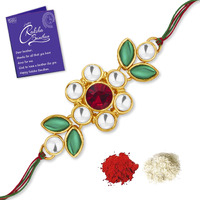 Sukkhi Rakhi Elegant Kundan Designer Gold Plated Premium Rakhi For Brother With Roli Chawal & Greeting Card | Rakhi For Bhaiya | Rakhi For Men | Kundan Rakhi | (Rak104478)