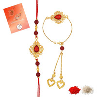 Mahi Red Crystals Studded Simple And Classic Lumba With And Brother Rakhi Set For Bhaiya And Bhabhi (Rcol1105684G)