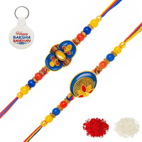 Riddhika Ventures Elegant Gold Plated Meenakari Rakhi (Set Of 2) With Roli Chawal, Greeting Card And And One Motivational Keychain (B1C1K)