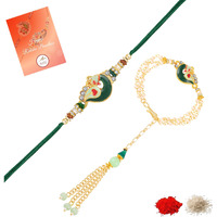 Mahi Carrot Pink Crystals Floral Lumba And Brother Rakhi Set For Bhaiya And Bhabhi (Parcol1105675Pr) (Green, White)