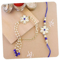 I Jewels Mens Kundan & Pearl Hanging Bhaiya Bhabhi Lumba Rakhi Combo Set With Roli Chawal And Rakshabandhan Card (R116Bl-Co)