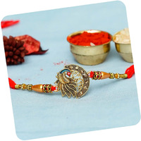 Ecraftindia Designer Peacock Rakhi With Roli Chawal Pack And Raksha Bandhan Greeting Card - Rakhi For Brother