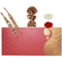 Purpledip Bhai Dooj Rakhi Set For Brother: 2 Rakshabandhan Bracelets, Roli Chawal Tika, Miniature Vishnu Statue (Rakhi99A)