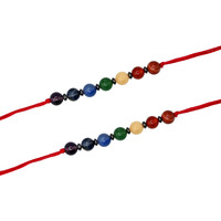 Rakhi Sets Combo Of 2 For Brother Bhaiya And Bhabhi With Amethyst Sodalite Blue Aventurine Green Aventurine Yellow Calcite Carnelian Red Jasper Crystals | Rakshabandhan Best Wishes Greeting Card (7 Chakra Stones)