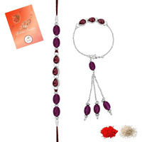 Mahi Maroon Water Drop Shape Crystal Lumba And Brother Rakhi Set For Bhaiya And Bhabhi (Rcol1105672Rmar)
