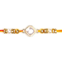 Accessher Mens Traditional Gold Plated Elegant Fresh Water Pearl Rakhi For Beloved Brother Pack Of 1 With Roli Kumkum Packets, And Happy Rakshabandhan Card