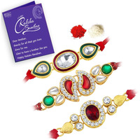 Sukkhi Rakhi Iconic Kundan Rakhi Combo & Designer Gold Plated Premium Rakhi For Brother, Roli Chawal & Greeting Card|Rakhi For Bhaiya|Rakhi For Men|Kundan Rakhi|Rakhi Combo-Set Of 3 |Cbrak82927