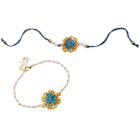 Salty Sapphire Lotus Designer Rakhi Set For Bhaiya & Bhabhi | Moli Dora Style Rakhi Combo | Stylish Raksha Bandhan Gift