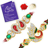 Sukkhi Rakhi Effervescent Kundan Rakhi Combo & Designer Gold Plated Premium Rakhi For Brother, Roli Chawal & Greeting Card|Rakhi For Bhaiya|Rakhi For Men|Kundan Rakhi|Rakhi Combo-Set Of 2 |Cb73469)