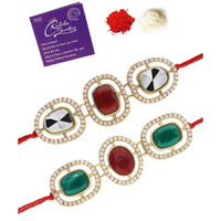 Sukkhi Rakhi Ethnic Kundan & Beads Designer Gold Plated Premium Rakhi For Brother With Roli Chawal & Greeting Card|Rakhi For Brother/Bhaiya/Bhai/Men|Kundan Rakhi|Rakhi Combo-Set Of 2|Cbrak106945
