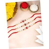 Peora Crystals & Beads Studded Thread Rakhi For Brother Bhaiya Raksha Bandhan Hamper With Roli Chawal & Greeting Card (Combo, Pack Of 3)