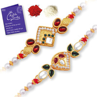 Sukkhi Rakhi Beautiful Kundan Rakhi Combo & Designer Gold Plated Premium Rakhi For Brother, Roli Chawal & Greeting Card|Rakhi For Bhaiya|Rakhi For Men|Kundan Rakhi|Rakhi Combo-Set Of 2 |Cbrak100048