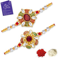 Sukkhi Rakhi Classy Kundan Rakhi Combo & Designer Gold Plated Premium Rakhi For Brother, Roli Chawal & Greeting Card|Rakhi For Bhaiya|Rakhi For Men|Kundan Rakhi|Rakhi Combo-Set Of 2 |Cbrak104551