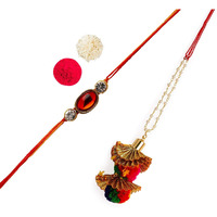 Accessher Mens Traditional Elegant Red Ruby Stones Bhaiyya Bhabhi Rakhi For Beloved Brother Pack Of 1 With Roli Kumkum Packets And Happy Rakshabandhan Card