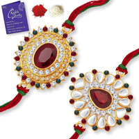 Sukkhi Rakhi Stylish Kundan Rakhi Combo & Designer Gold Plated Premium Rakhi For Brother, Roli Chawal & Greeting Card|Rakhi For Bhaiya|Rakhi For Men|Kundan Rakhi|Rakhi Combo-Set Of 2 |Cbrak100042