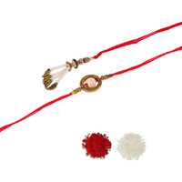 Accessher Mens Traditional Gold Plated Bhaiyya Bhabhi Pearl Lumba Rakhi For Beloved Brother Set Of 2 With Roli Kumkum Packets And Happy Rakshabandhan Card
