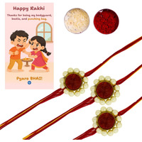 Jwella Pearl Design Rakhi With Quirky Card, Roli & Chawal Pack Of 3 | Traditional Rakhi Gift Set For Brother | Raksha Bandhan Combo For Pyare Bhai