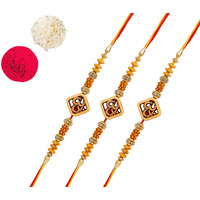 Accessher Mens Traditional Elegant Wooden Finish Om With Rudraksh Rakhi For Beloved Brother Pack Of 3 With Roli Kumkum Packets And Happy Rakshabandhan Card
