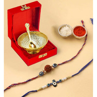 Collectible India Premium Evil Eye Rakhi Gifts For Brother And Bhabhi With Gifts | Kundan And Pearl Rakhi | Bhaiya Bhabhi Rakhi Family Combo Gift Silver Plated Bowl Set Handmade Matching Colors