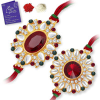 Sukkhi Rakhi Sensational Kundan Rakhi Combo & Designer Gold Plated Premium Rakhi For Brother, Roli Chawal & Greeting Card|Rakhi For Bhaiya|Rakhi For Men|Kundan Rakhi|Rakhi Combo-Set Of 2 |Cbrak100038