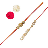 Accessher Mens Traditional Gold Plated Elegant Bhaiyya Bhabhi Lumba Pearl Rakhi For Beloved Brother Pack Of 1 With Roli Kumkum Packets And Happy Rakshabandhan Card