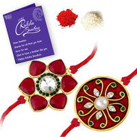 Sukkhi Rakhi Traditional Kundan Rakhi Combo & Designer Gold Plated Premium Rakhi For Brother, Roli Chawal & Greeting Card|Rakhi For Bhaiya|Rakhi For Men|Kundan Rakhi|Rakhi Combo-Set Of 2 |Cb73467