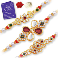 Sukkhi Rakhi Flashy Kundan Rakhi Combo & Designer Gold Plated Premium Rakhi For Brother, Roli Chawal & Greeting Card|Rakhi For Bhaiya|Rakhi For Men|Kundan Rakhi|Rakhi Combo-Set Of 3 |Cbrak100049
