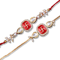 Shonas Style Swastik Rakhi Set With Pearl Beads, Crystal Stones, Red And Gold Chain Design, 2 Pieces,Traditional Rakhi Set With Swastik Design
