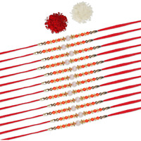 Accessher Traditional Elegant And Stylish Orange Beads Rakhi For Beloved Brother Pack Of 12 With Roli Kumkum Packets And Happy Rakshabandhan Card | Rakhi For Brother
