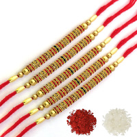 Abhishek Exclusive Designer 5 Pcs Rakhi For Your Brother And Roli-Chawal Pack, Red