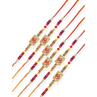 Accessher Mens Traditional Gold Plated Stylish Om Design Religious Rakhi For Brother Pack Of 6 With Roli Kumkum Packets And Happy Rakshabandhan Card || Fancy Rakhi