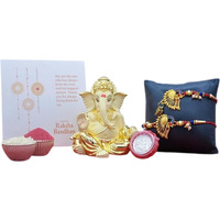 Gold Art India Gaddi Ganesha Idol Combo With Free Peacock Rakhi & Lumba Set, Roli Chawal, Silver Plated Coin, And Gift Card - Perfect Raksha Bandhan Gift