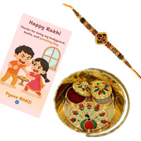 Jwella Om Rakhi With Quirky Raksha Bandhan Card, Kumkum & Decorative Pooja Thali (10Cm)| Spiritual Rakhi Gift Set For Brother | Traditional Combo For Bhai