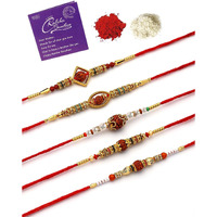 Sukkhi Rakhi Classic Gold Plated With Ad Stones & Pearls Rudraksha Rakshabandhan Combo Rakhi For Brother With Roli Chawal & Greeting Card|Set Of 5|Cbrak107451
