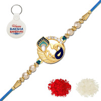 Riddhika Ventures Ritzy Gold Plated Meenakari Peacock Rakhi With Roli Chawal, Greeting Card And And One Motivational Keychain (P1K)