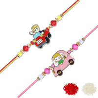 Riddhika Ventures Stylish Meenakari Red And Pink Kids Rakhi (Set Of 2) Gifts For Brother, Sister With Roli Chawal And Greeting Card (P18P19)