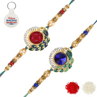 Riddhika Ventures Stylish Kundan And Ad Ring Rakhi (Set Of 2) (Bracelet) With Roli Chawal, Greeting Card And And One Motivational Keychain (K12K13K)
