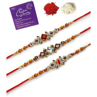 Sukkhi Rakhi Festive Gold Plated With Ad Stones Handmade Multicolor Combo Rakhi For Brother With Roli Chawal & Free Greeting Card|Set Of 3|Cbrak107447