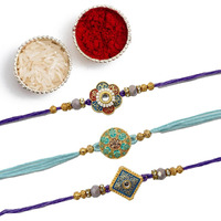 The Purple Tree Men's Meenakari Kundan Rakhis For Brother With Roli Chawal And Card (Pack Of 3) Rakhi For Bhai, Rakshabandhan Gift For Brother, Rakhi Gift