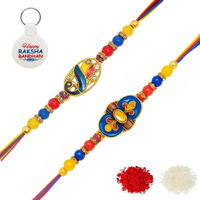 Riddhika Ventures Elegant Gold Plated Meenakari Rakhi (Set Of 2) With Roli Chawal, Greeting Card And And One Motivational Keychain (A1B1K)