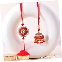 Craftvatika Designer Rakhi For Brother And Bhabhi Set Of 2, Pair Couple Bhaiya Bhai Bhabhi Rakhi Set, Designer Jhumka Lumba Rakhis For Bhabhi, Sister, Raksha Bandhan Rakhi, Premium Kundan Floral Rakhis For Brother Bhaiya, With Best Wishes Card, Tilak Set