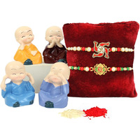 Tied Ribbons Rakhi For Brother With Gift - Set Of 2 Designer Rakhi For Bhaiya With Mini Monk Buddha Idols Showpiece Tikka