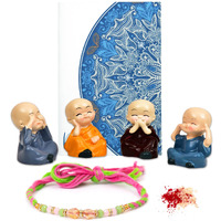 To The Nines Rakhi Gift Set For Brother [Gift Combo - Rakhi With Cute Polynesin Monk Statue Set Of 4, Tilak Material & Greeting Card], Fantasy, Multicolour